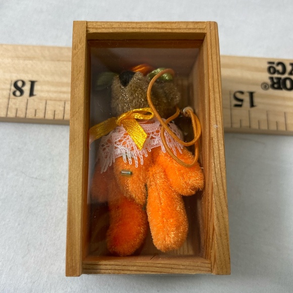 Department 56 Miniature Orange Felt Bear Keychain in Wooden Box Jointed Arms - Picture 2 of 7